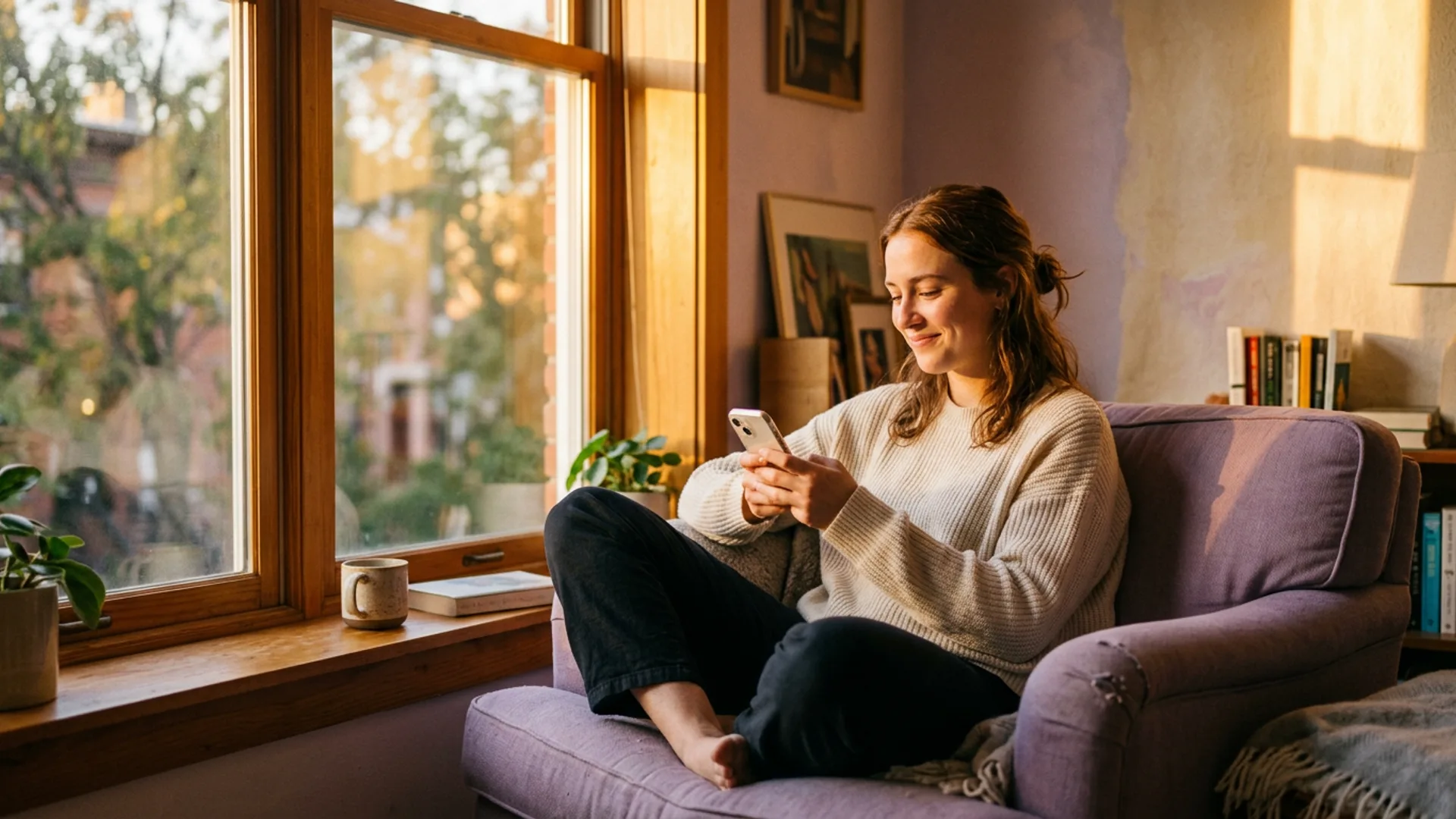 Person using Moodly on their phone in a warm, golden-hour moment